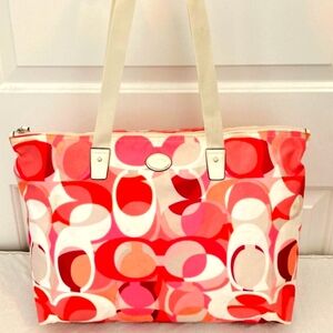 COACH Pink Burgundy Nylon Weekender Scarf Print Tote Shoulder Bag